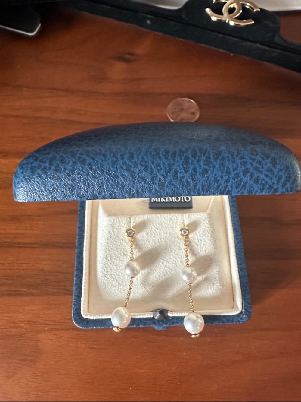 Mikimoto Gold Chain Drop Earrings with White Pearls